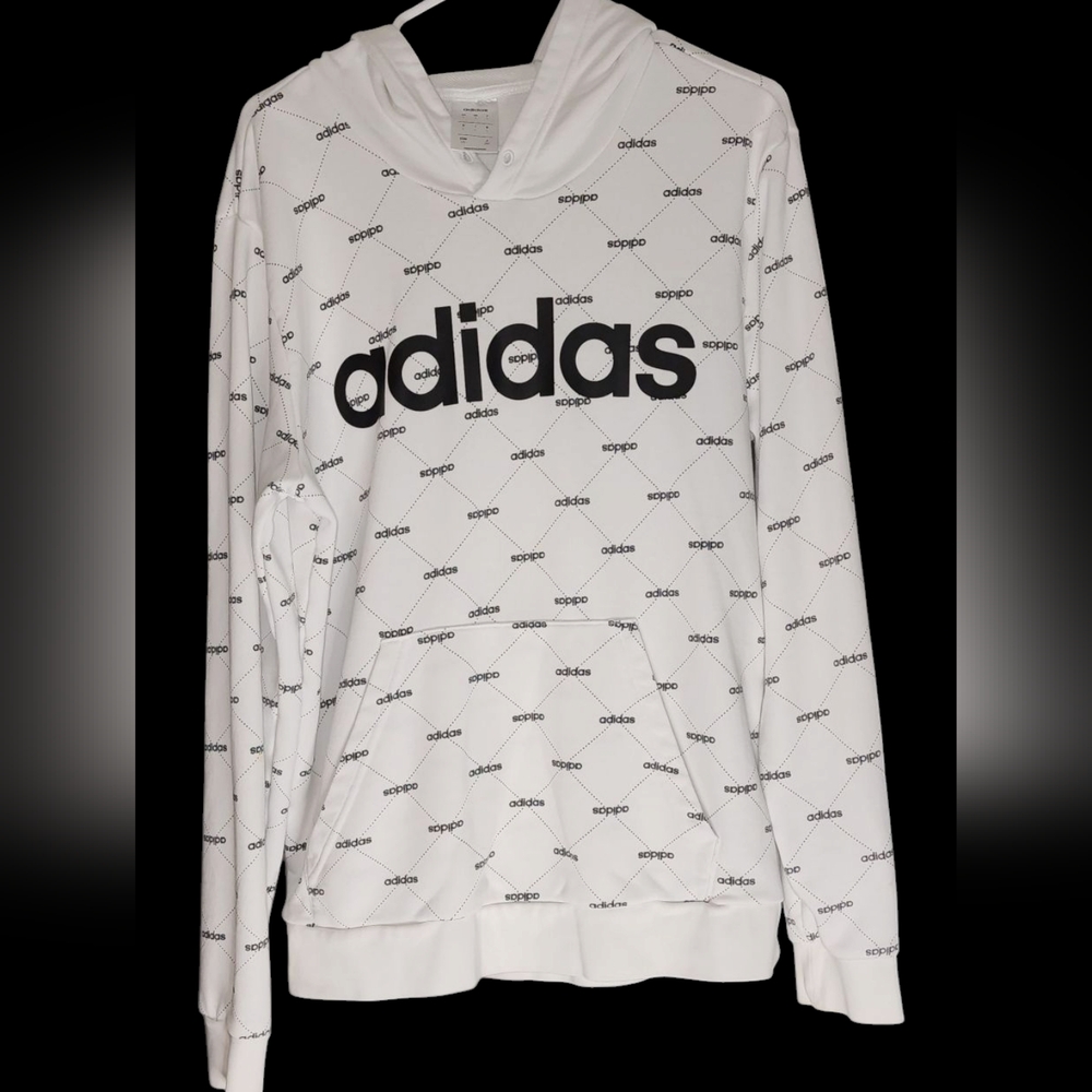 Adidas Mens Favorite White With All Over Black Print Adidas Hoodie Size Large